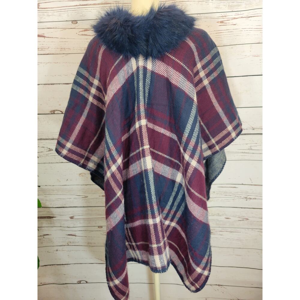 Marcus Adler Plaid Faux fur Collar blanket Poncho‎ Sweater Wrap One Size